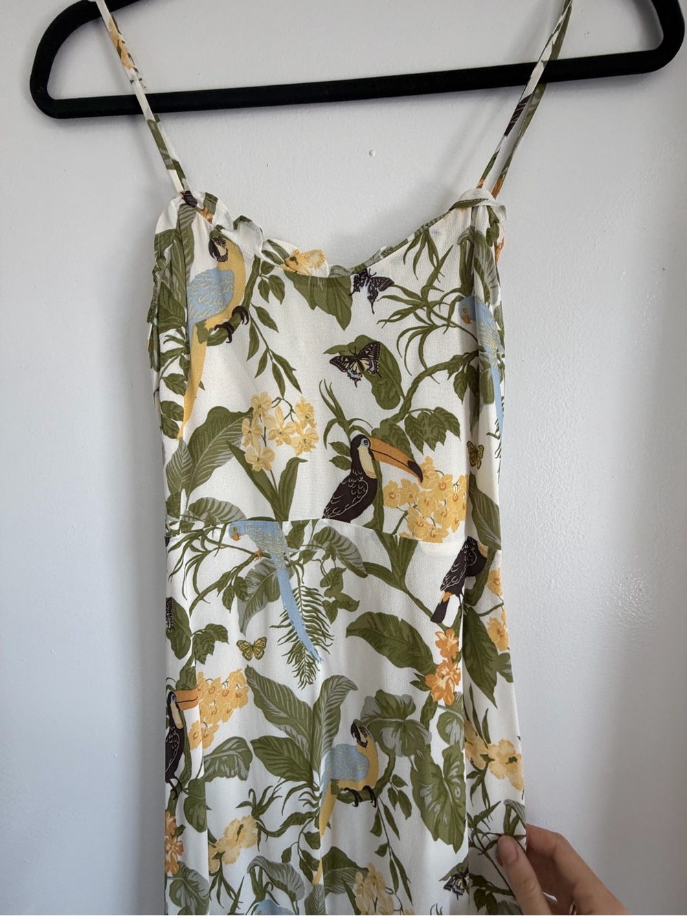 Reformation White Tropical Toucan Midi Slip Dress with Olive & Yellow Print